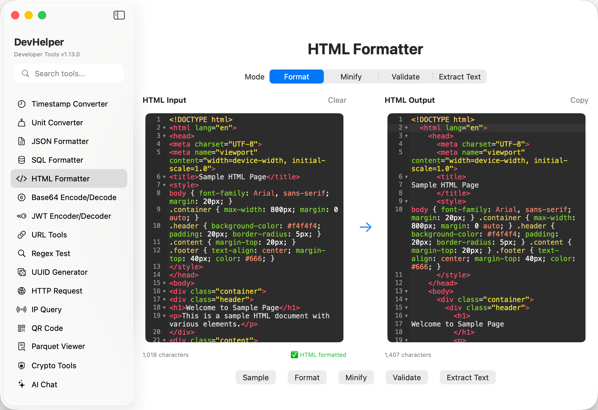HTML Formatter Screenshot