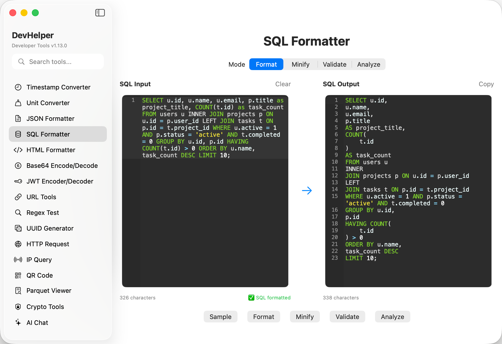 SQL Formatter Screenshot