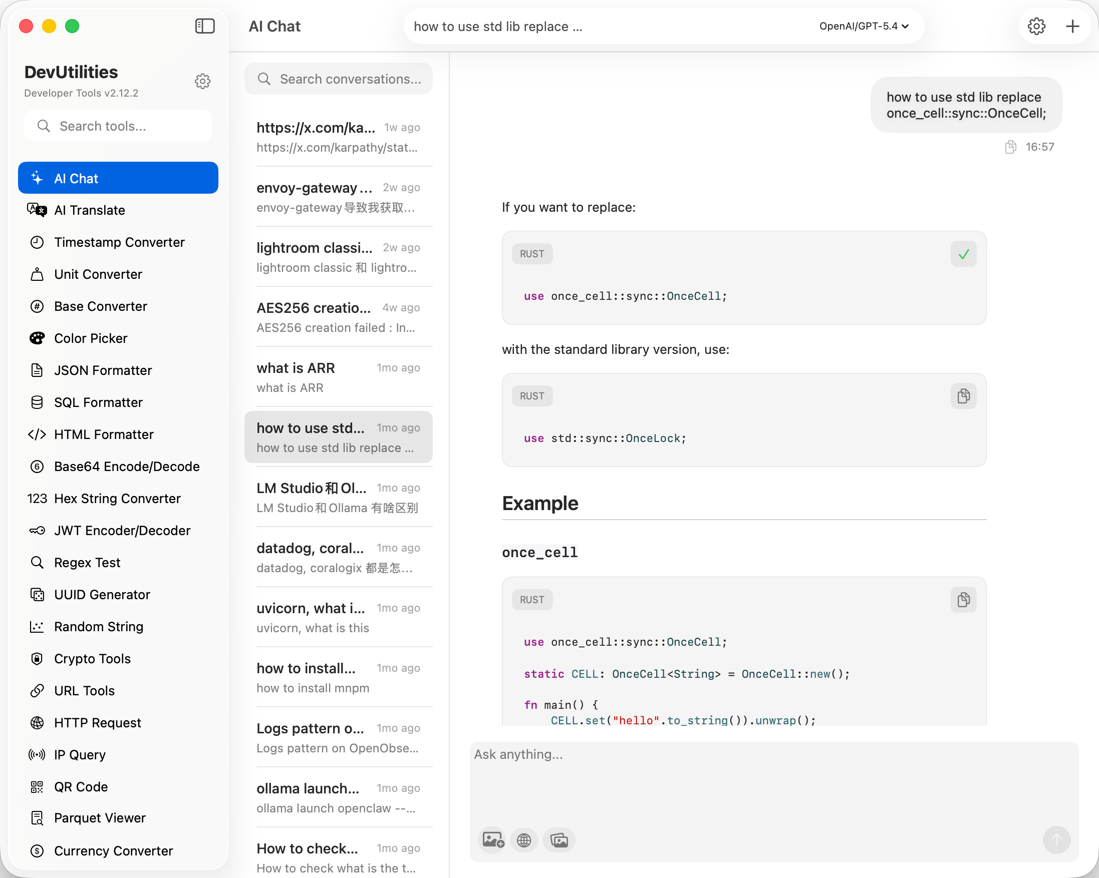 DevUtilities AI Chat — Markdown rendering with syntax-highlighted code, copy buttons, and conversation history.