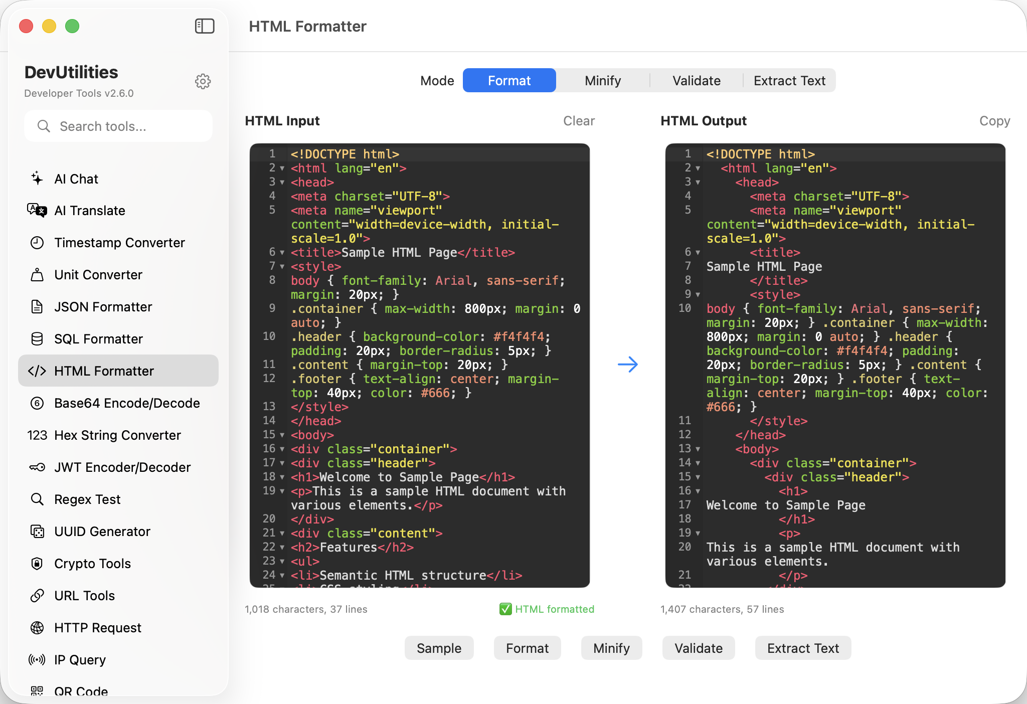 HTML Formatter Screenshot