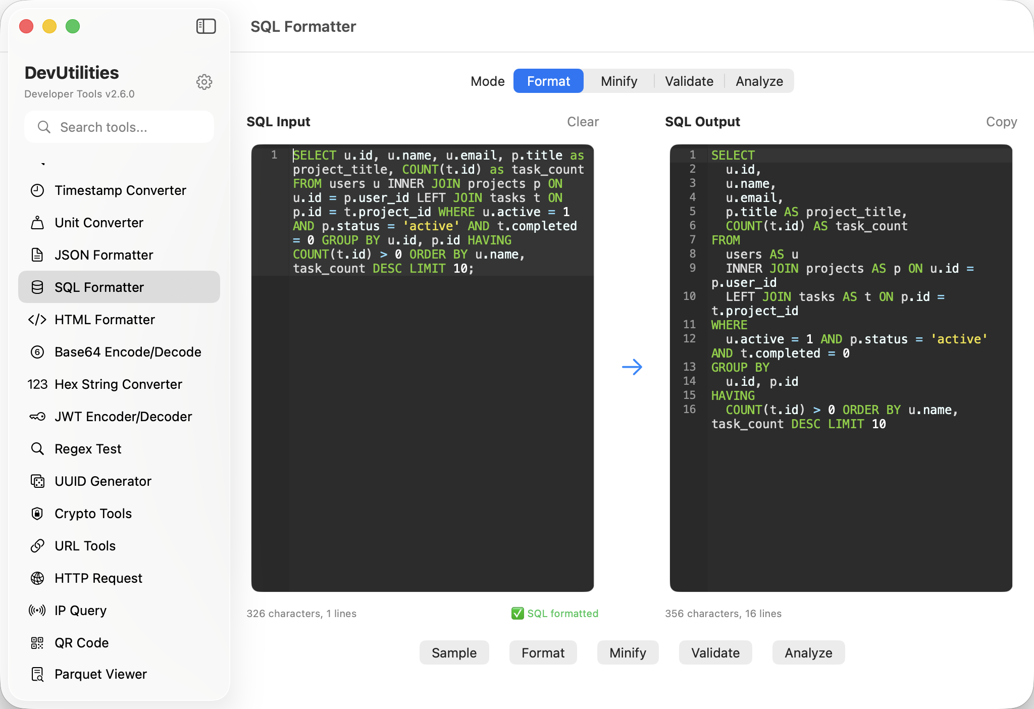 SQL Formatter Screenshot