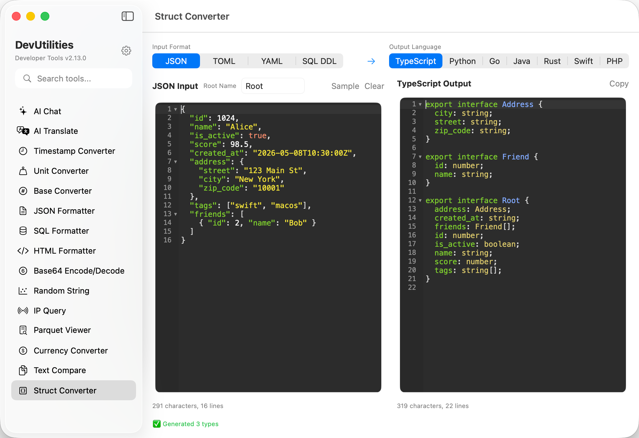 DevUtilities Struct Converter — JSON input on the left, generated Java POJO on the right, with input format and output language pickers.